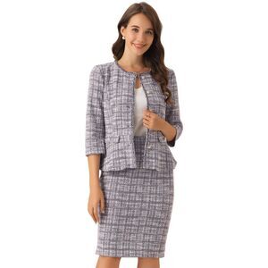 2 Piece Tweed Business Suit Jacket Pencil Elegant Skirt Set Purple